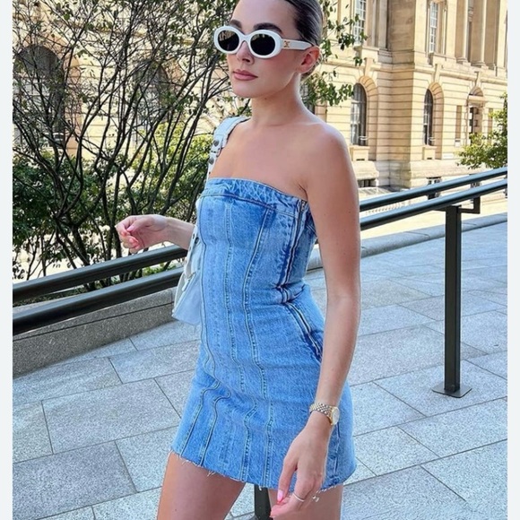 Asos Strapless Denim Mini Dress With Slit Hem - Picture 13 of 13